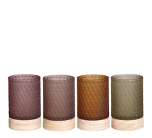 Teelichthalter auf Holzfuß, pfirsichbraun, hellbraun, grau, 4er Set, H14 x D8,5 cm