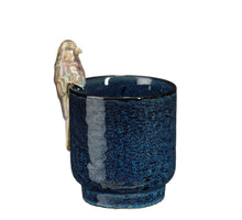 Blauer Blumentopf mit Vogelmotiv - H17 x D11 cm