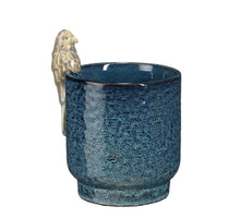 Blauer Blumentopf mit Vogelmotiv - H18,5 x D12 cm