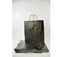 Tragetasche aus schwarzem Kraftpapier 35+14x40cm zu 50 Stück gedreht Hand.