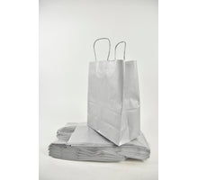 Silberne Tragetasche Kraft 23 + 12x30 cm zu 50 Stück gedreht Handv.