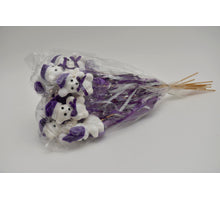 12 Bier lila/weiß Glitzer auf 50 cm Stock mit Band.