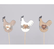 9 Holz Hähne / Stock weiß / grau / natürlich 8,5 x 10 cm