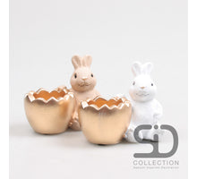 Osterhase mit Eierschale aus Zement, 2-teilig, 10 x 6 x 9 cm, camel, weiß