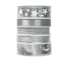 Schachtel mit 5 Rollen Polyesterband, 5 verschiedene Silberfarben, 25 mm, 3 m.