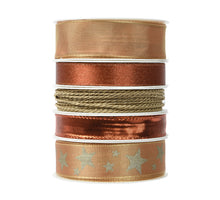 Schachtel mit 5 Rollen Polyesterband, 5 verschiedene Brauntöne, 25 mm, 3 m.