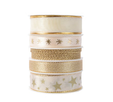 Schachtel mit 5 Rollen Polyesterband, 5 verschiedene Perlen, 25 mm, 3 m.