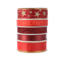 Schachtel mit 5 Rollen Polyesterband, 5 verschiedene Rottöne, 25 mm, 3 m.