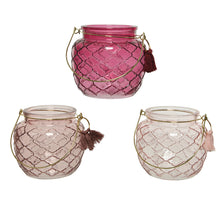 Teelichthalter Glas, Anhänger mit Quaste, Relief D11,5 H10cm 3 Farben sortiert