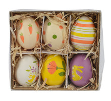 Wbox mit 6 Eiern (Hühnereier), 6 Stück, sortiert, Durchmesser 4 cm x Höhe 6 cm.