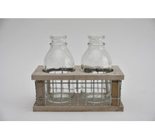 Tablett Holz/Mesh mit 2 Flaschen grau waschen 14.5x8x11cm