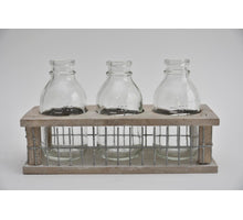 Holz/Gitter-Tray mit 3 Flaschen Grauwäsche 21x8x11cm