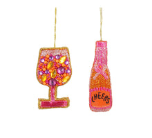 Ornament champagne glas fles roze 2 assorti - l6,5xb11xh2,5cm