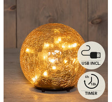 BAL  CRACKLE AMBER GLAS OPLAADBAAR 15LED CLASSIC 12CM INCLUSIEF USB KABEL