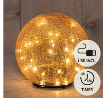 BAL  CRACKLE AMBER GLAS OPLAADBAAR 30LED CLASSIC 15CM INCLUSIEF USB KABEL