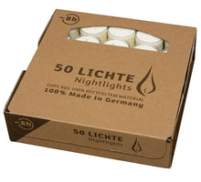 Versuchen Sie 50 Nachtlichter Kerzen weiß in einem Kunststoffbecher.