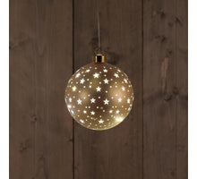 B.O. GLASKUGEL MATT GOLD MIT STERNEN 12CM /LEUCHTET WARMWEISS - 2XAAA