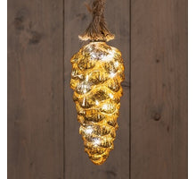B.O. TANNENZAPFEN GLAS GOLD FOLIE 20CM AUF 60CM SEIL / 15LED WARM WEISS - 2XAA
