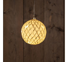 B.O. GLASKUGEL WEISS-GOLD 15CM / 15LED KLASSISCH WARM - 2XAAA