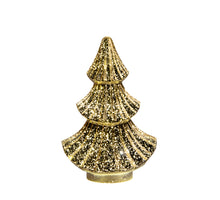 Weihnachtsbaum aus Glas mit 10 LEDs, 3x AAA Batterien, Timer, 15,5 x 9,5 x 24 cm, metallisch gold.