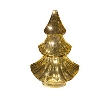 Weihnachtsbaum aus Glas mit 10 LEDs, 3x AAA Batterien, Timer, 15,5 x 9,5 x 24 cm, bernsteinfarben.