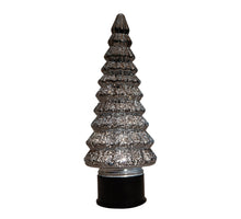 Weihnachtsbaum aus Glas, drehbar, mit 20 LEDs, 3x AA Batterien, mit Timer, 13 x 35 cm, metallic anthrazit.