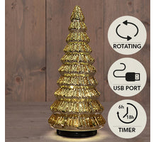 KERSTBOOMPJE GLAS DRAAIEND  20LED 3XAA BATTERIJ MET TIMER EN USB AANSLUITING 13,3X30CM METALLIC GOUD