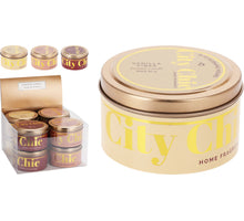 Duftkerze im Blech ''City Chic'' D8 H5cm 3 verschiedene Designs