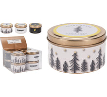 Duftkerze im Blechdöschen „Trees“ D8 H5cm, 3 verschiedene Designs.
