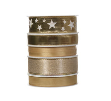 Schachtel mit 5 Rollen Polyesterband, 5 verschiedene Goldtöne, 25 mm, 3 m.