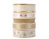 Schachtel mit 5 Rollen Polyesterband, 5 verschiedene Perlen, 25 mm, 3 m.