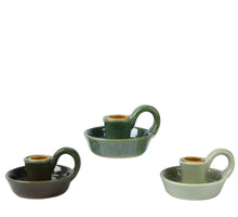 Porzellan-Kerzenhalter mit Henkel, 9,5 x 8,5 x 6 cm, kaki/türkis/grün, 3er-Set.