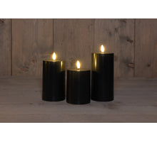 BOT 3ST OUTDOOR KERZE 7,5X10/12,5/15CM SCHWARZ 3D DOCHT AN/AUS/ 6H TIMER 3X3AAA