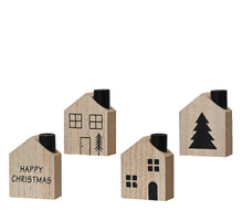 Kerzenhalter Haus Holz 4er Set Natur 7x3x9cm schwarz/weiß