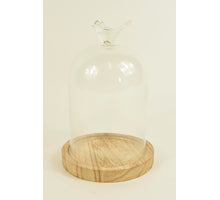 GLASVOGEL MIT GLOCKE D11X16H AUF HOLZSOCKEL NATUR