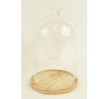 GLASVOGEL MIT GLOCKE D17X28H AUF HOLZSOCKEL NATUR