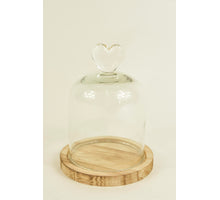 BELL GLASS HEART D10X13,5H AUF HOLZSOCKEL NATUR