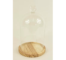 BELL GLASS HEART D14X22H AUF HOLZSOCKEL NATUR
