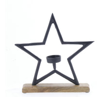 Aluminium Teelichtstern Schwarz auf Mangoholzsockel 19x17cm
