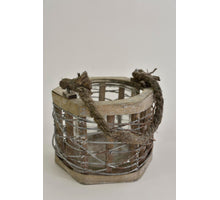 Laterne Six aus Metallgeflecht, grau gewaschen, mit Henkel, 15x14x11cm